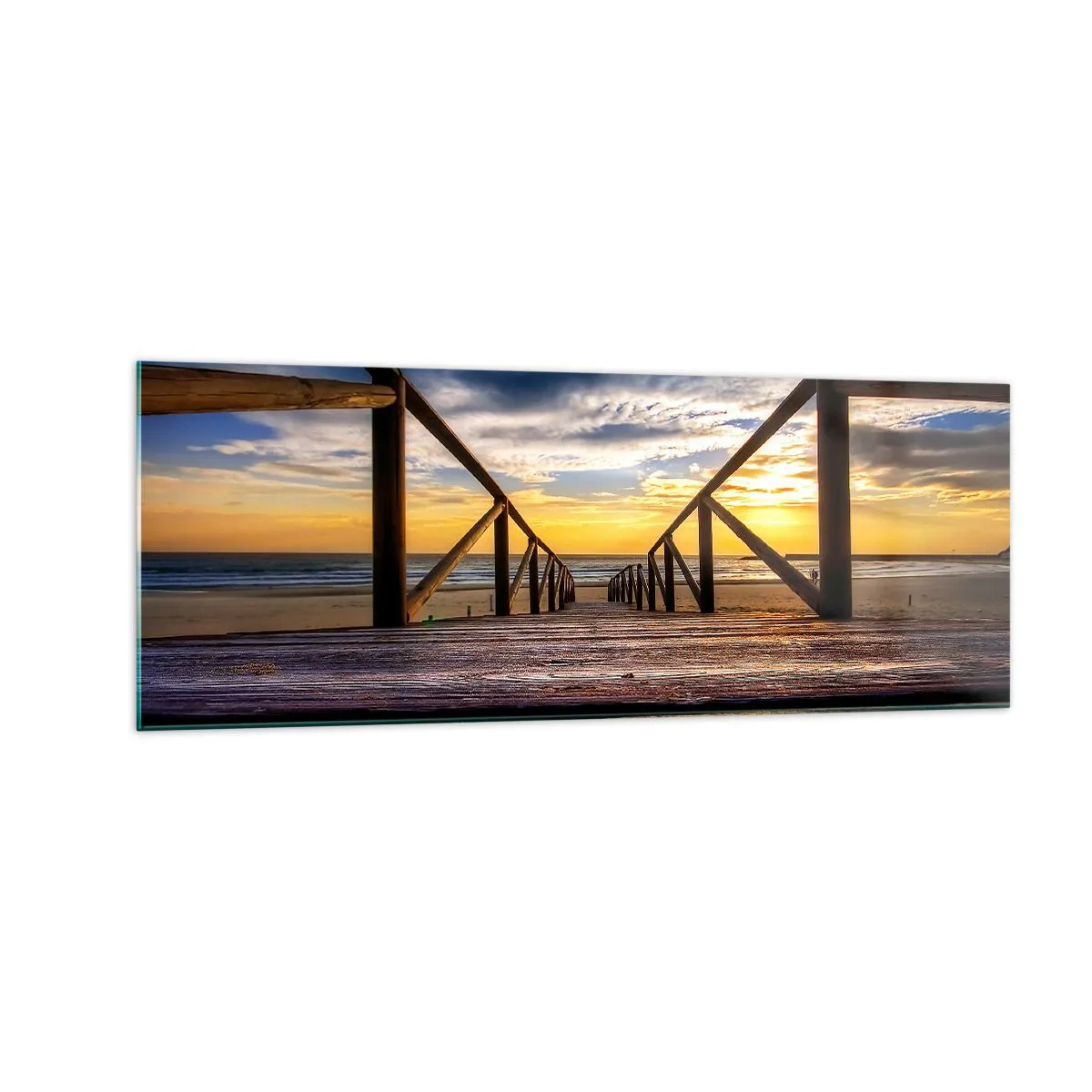 Impression sur verre - Image sur verre - Jetée en bois menant à la plage au coucher du soleil - 140x50cm - Directement sur une plage calme au coucher de soleil - Décoration murale moderne pour le salon et la chambre ARTTOR