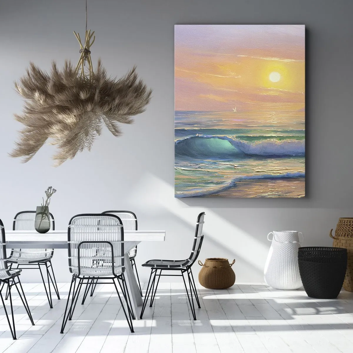 Impression sur toile - Image sur toile - Paysage marin avec coucher de soleil - 50x70cm - Le chant turquoise des vagues - Décoration murale moderne pour le salon et la chambre ARTTOR