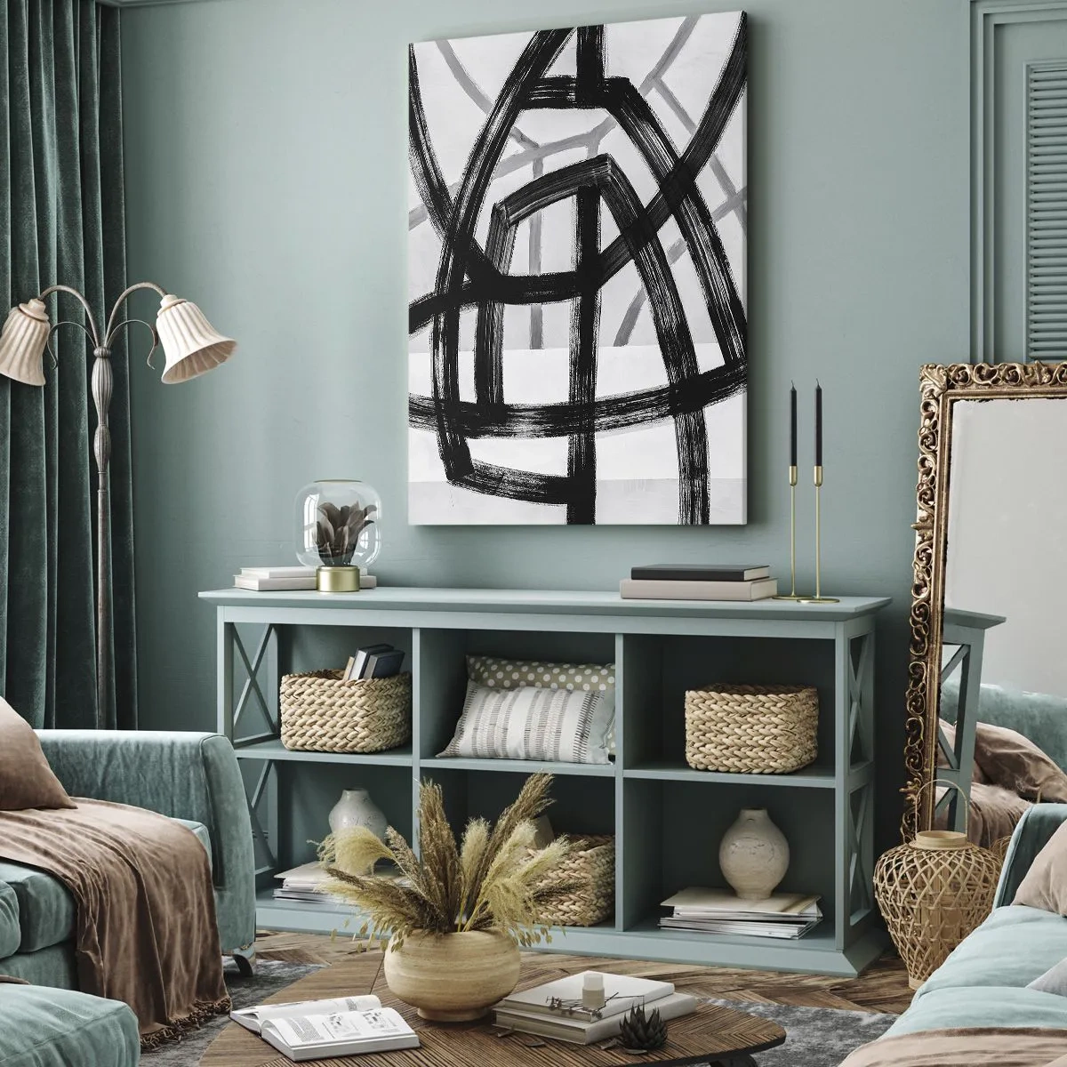 Impression sur toile - Image sur toile - Lignes abstraites noires et blanches se croisant sur un fond clair - 80x120cm - Profondeur du bâtiment - Décoration murale moderne pour le salon et la chambre ARTTOR