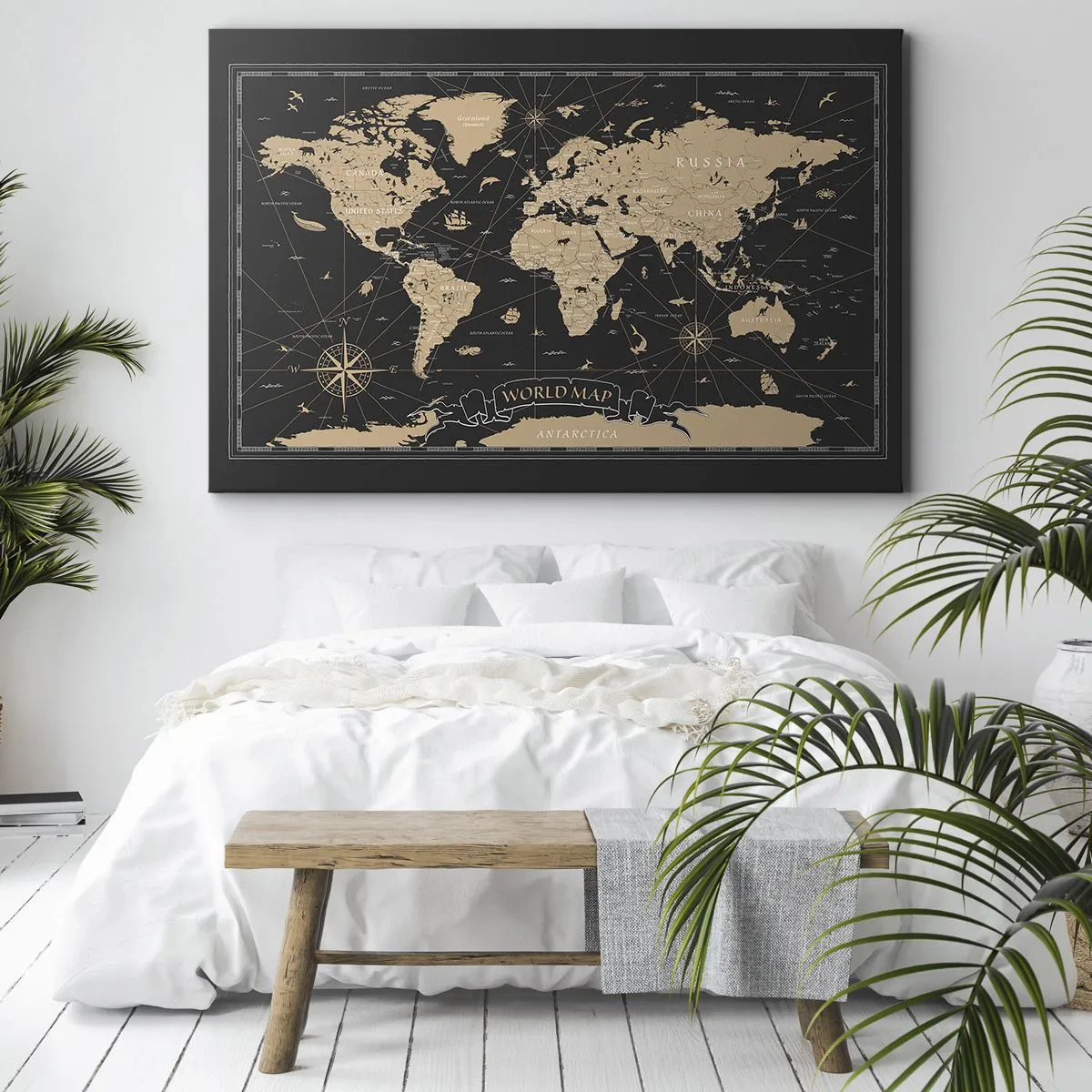 Impression sur toile - Image sur toile - Une carte du monde stylisée sur fond noir avec des accents beiges. - 120x80cm - Les limites de mon monde - Décoration murale moderne pour le salon et la chambre ARTTOR