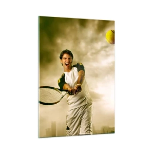 Impression sur verre - Image sur verre - Un joueur de tennis frappe la balle avec en arrière-plan une ville - 50x70cm - Énergie et joie - Décoration murale moderne pour le salon et la chambre ARTTOR