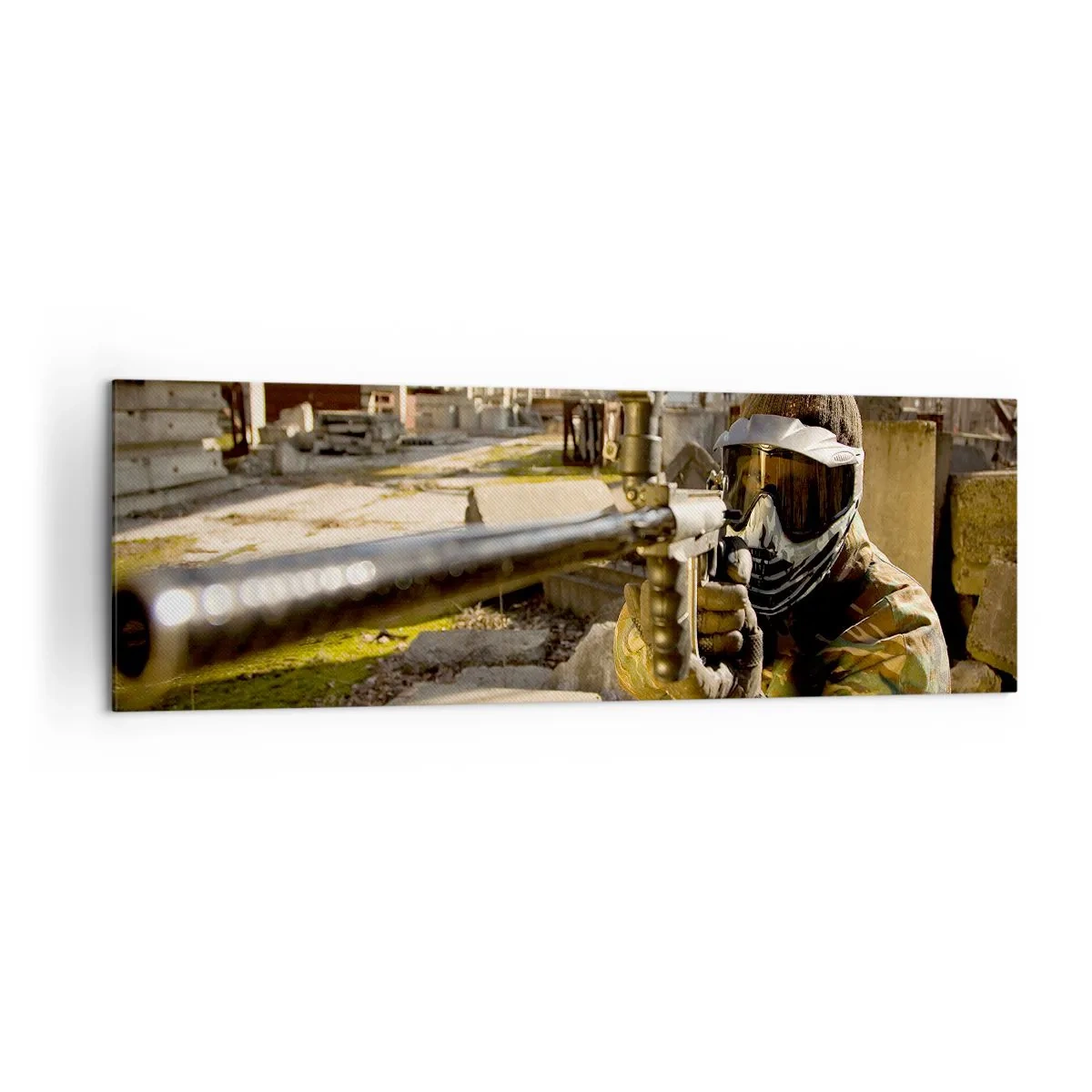Impression sur toile - Image sur toile - Un joueur de paintball en tenue de camouflage visant un marqueur - 160x50cm - Et vous pouvez devenir un héros - Décoration murale moderne pour le salon et la chambre ARTTOR