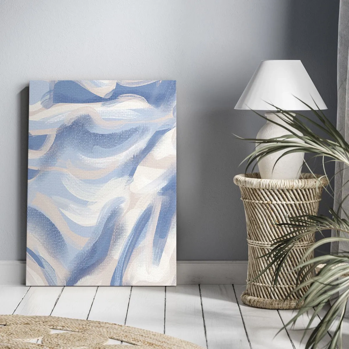 Impression sur toile - Image sur toile - Coups de pinceau abstraits dans des tons de bleu et de beige - 80x120cm - Vagues bleues - Décoration murale moderne pour le salon et la chambre ARTTOR