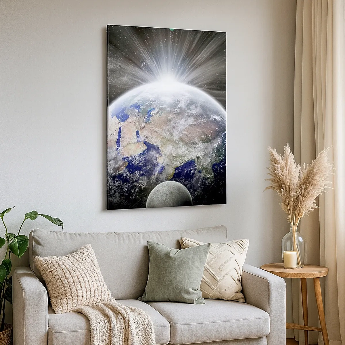 Impression sur toile - Image sur toile - La Terre et la Lune illuminées par la lueur de l'espace - 50x70cm - En pleine splendeur - Décoration murale moderne pour le salon et la chambre ARTTOR