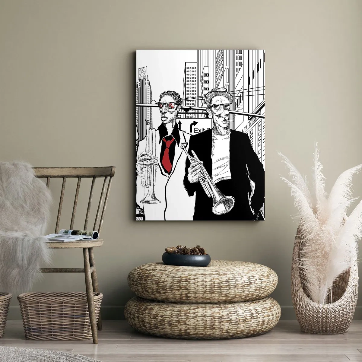 Impression sur toile - Image sur toile - Illustration de musiciens de jazz sur fond urbain - 80x120cm - Rhapsodie urbaine en noir et rouge - Décoration murale moderne pour le salon et la chambre ARTTOR