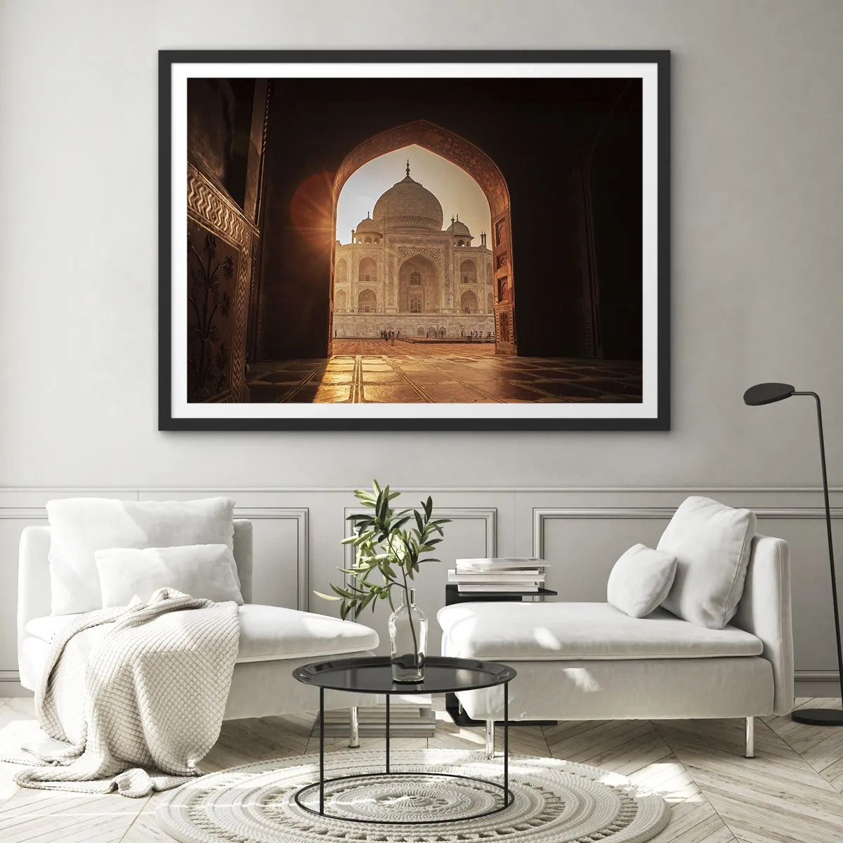 Affiche dans un cadre noir - Poster - Le Taj Mahal au soleil vu depuis l'arche de la porte - 70x50cm - Un monument à l'amour surnaturel - Décoration murale moderne pour le salon et la chambre ARTTOR