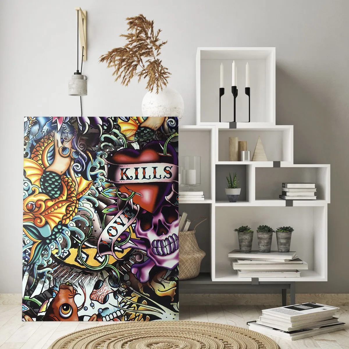 Impression sur verre - Image sur verre - Œuvre d'art colorée de style tatouage avec des crânes et des motifs nautiques - 80x120cm - Le rêve du tatoueur - Décoration murale moderne pour le salon et la chambre ARTTOR