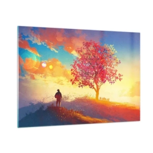 Impression sur verre - Image sur verre - Une silhouette sur fond de ciel coloré et d'arbre aux couleurs chaudes - 100x70cm - Pèlerin à destination - Décoration murale moderne pour le salon et la chambre ARTTOR