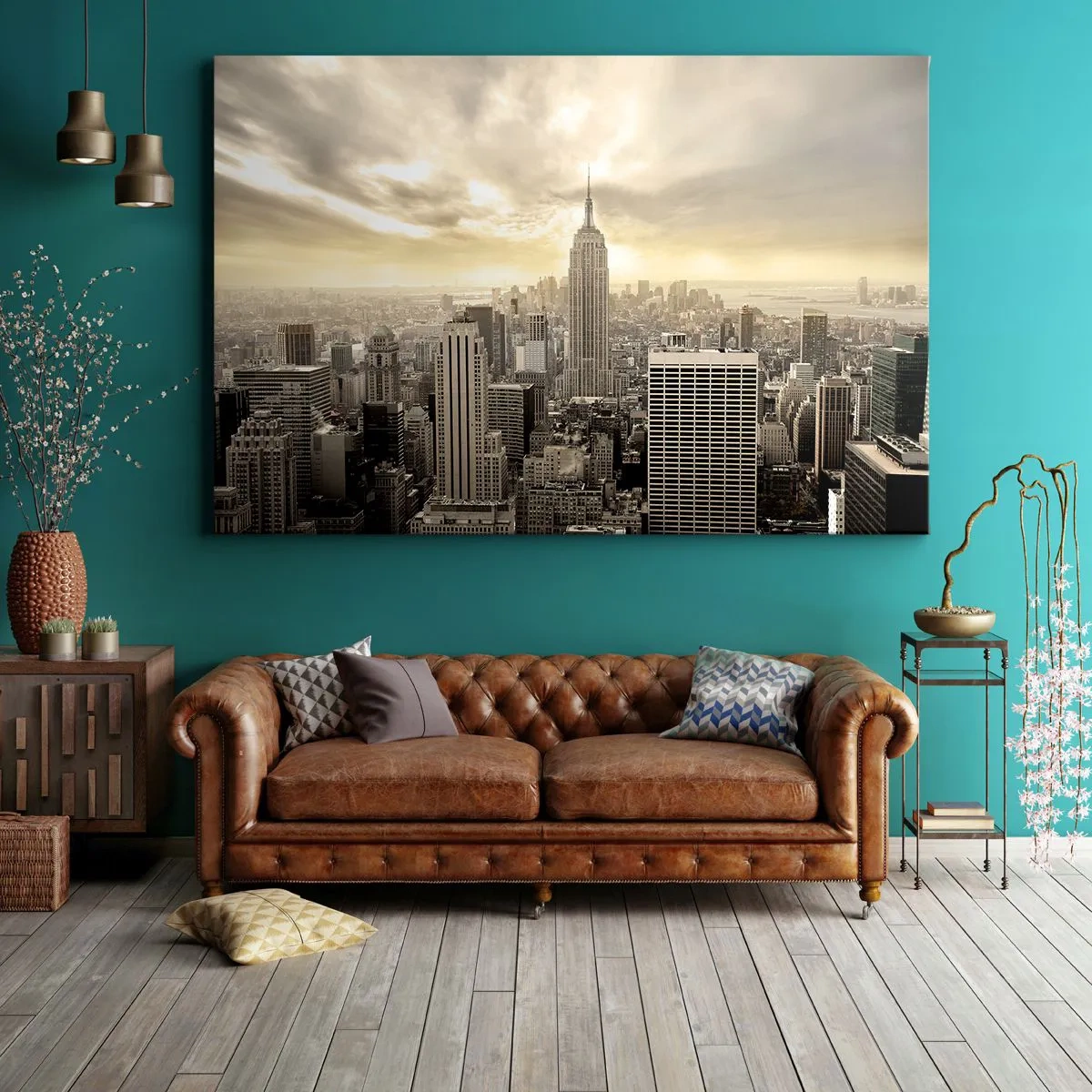 Impression sur toile - Image sur toile - Panorama de la ville avec vue sur l'Empire State Building - 70x50cm - New York tissé de gris - Décoration murale moderne pour le salon et la chambre ARTTOR