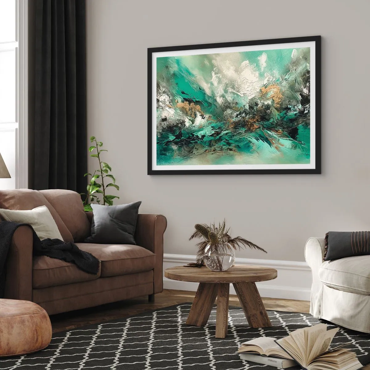 Affiche dans un cadre noir - Poster - Ressac émeraude et noir - 50x40 cm