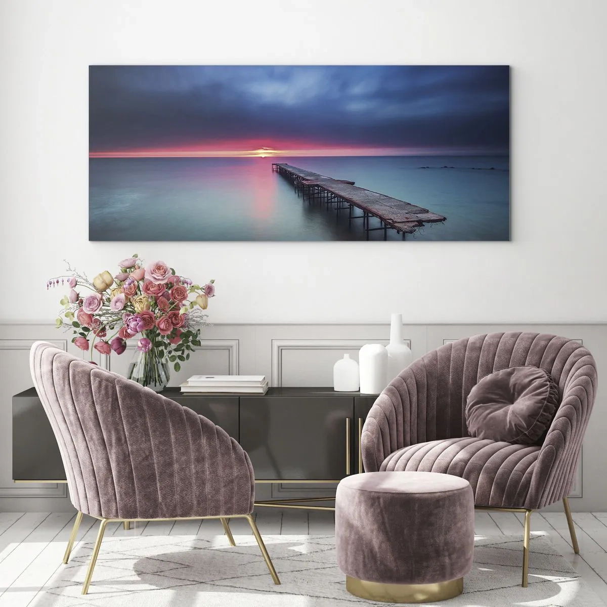 Impression sur verre - Image sur verre - Une jetée en bois menant directement à la mer au coucher du soleil - 140x50cm - Entre le ciel et la terre - Décoration murale moderne pour le salon et la chambre ARTTOR