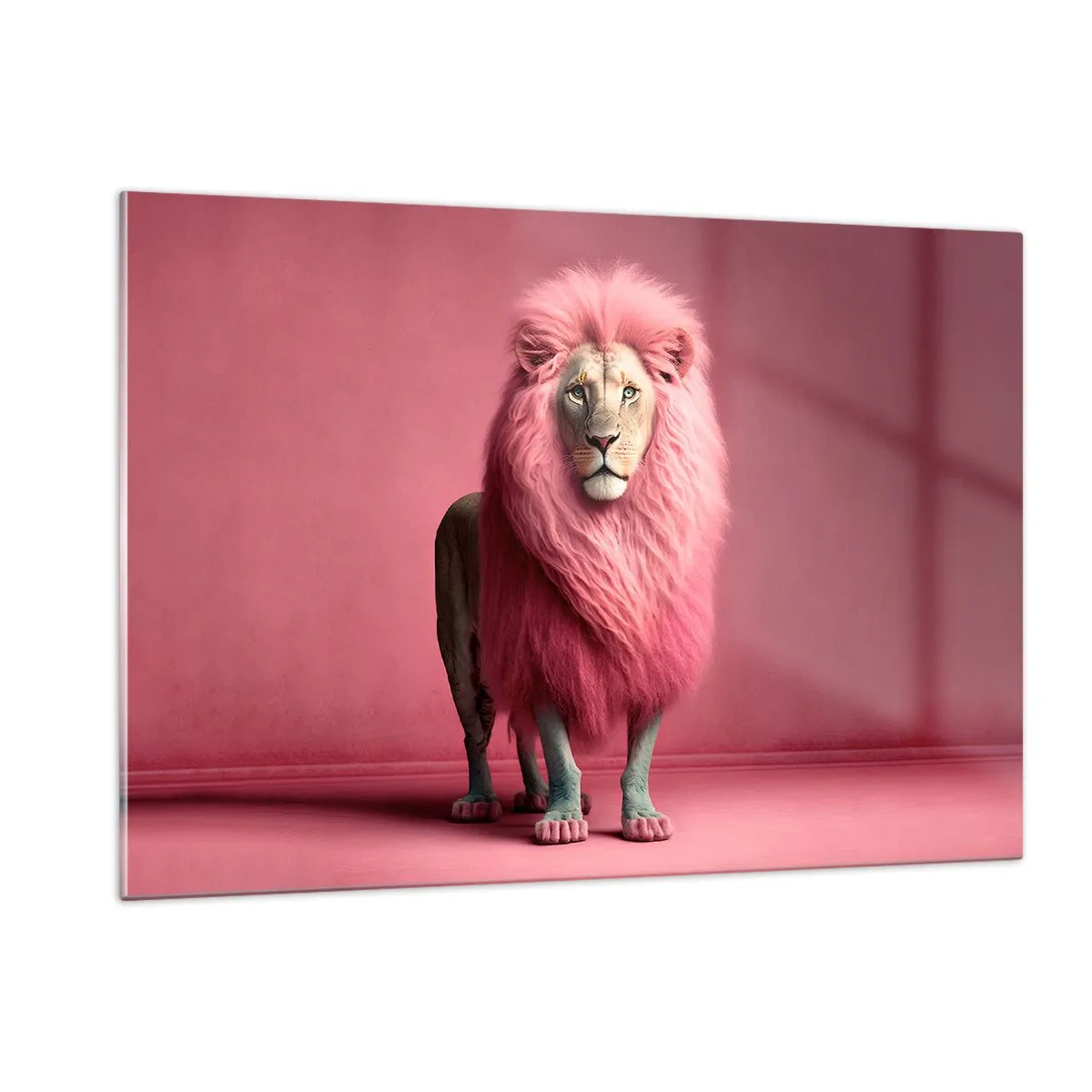 Impression sur verre - Image sur verre - Un lion avec une crinière rose contre un mur pastel - 120x80cm - Et tu n'as plus peur - Décoration murale moderne pour le salon et la chambre ARTTOR