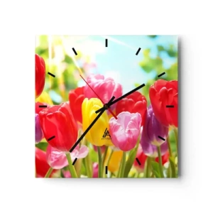 Horloge murale - Pendule murale - Tulipes colorées en pleine floraison sur fond de printemps - 30x30cm - C'est nous, les couleurs de Mai! - Décoration murale moderne pour le salon et la chambre ARTTOR