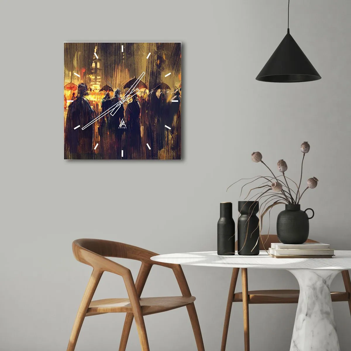 Horloge murale - Pendule murale - Personnages avec des parapluies dans une ville pluvieuse la nuit - 30x30cm - Adeptes de la pluie - Décoration murale moderne pour le salon et la chambre ARTTOR