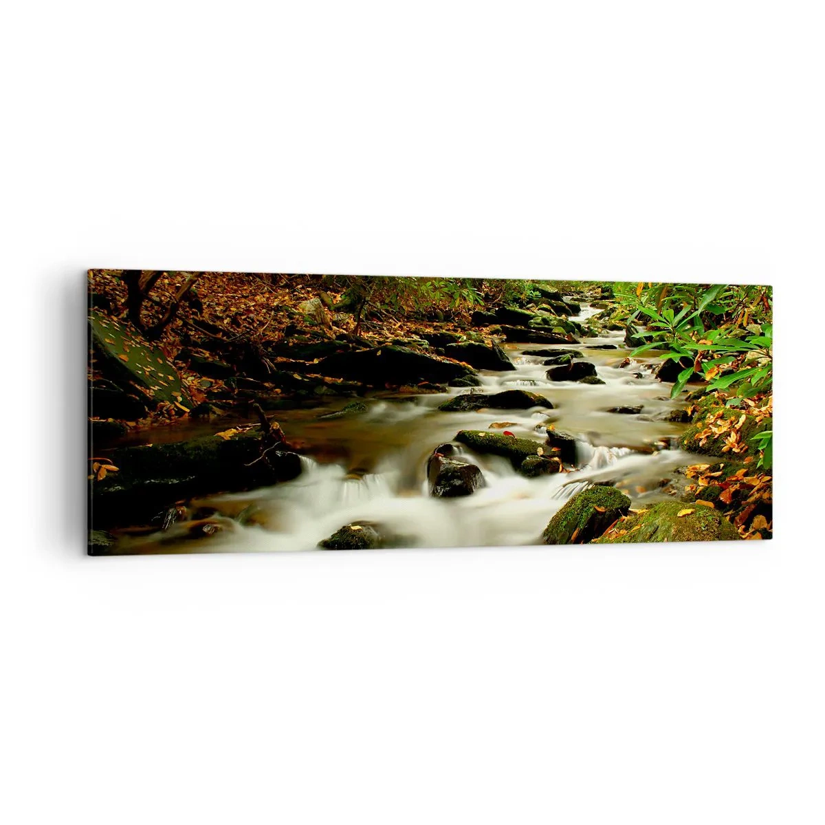 Impression sur toile - Image sur toile - Un ruisseau forestier coulant entre des pierres entourées de verdure - 140x50cm - Comme de l'argent liquide - Décoration murale moderne pour le salon et la chambre ARTTOR