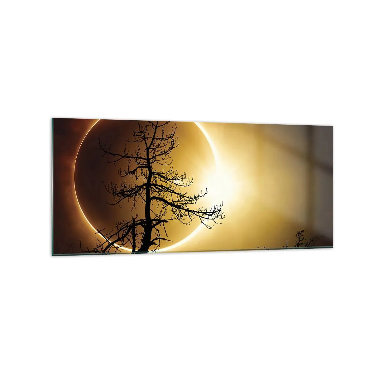 Impression sur verre - Image sur verre - Éclipse solaire avec une silhouette d'arbre au premier plan - 120x50cm - Éclipse totale - Décoration murale moderne pour le salon et la chambre ARTTOR