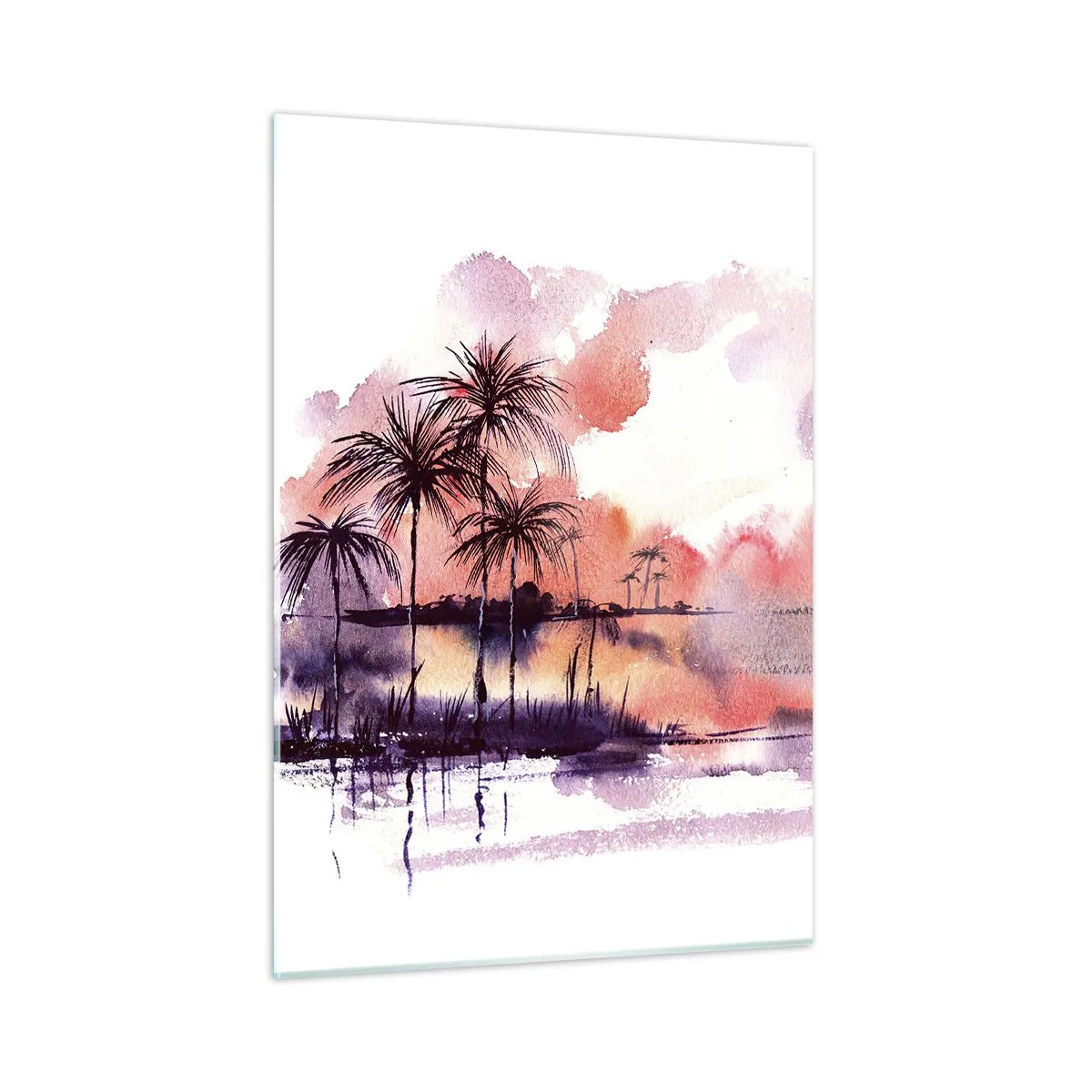 Impression sur verre - Image sur verre - Paysage tropical au coucher du soleil à l'aquarelle - 50x70cm - La tranquillité des tropiques en rouge - Décoration murale moderne pour le salon et la chambre ARTTOR