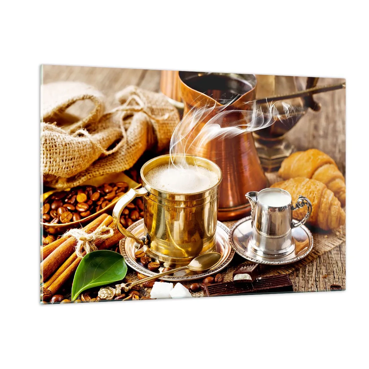 Impression sur verre - Image sur verre - Une tasse de café dorée avec du lait entourée de céréales et de croissants - 120x80cm - Bonne journée! - Décoration murale moderne pour le salon et la chambre ARTTOR