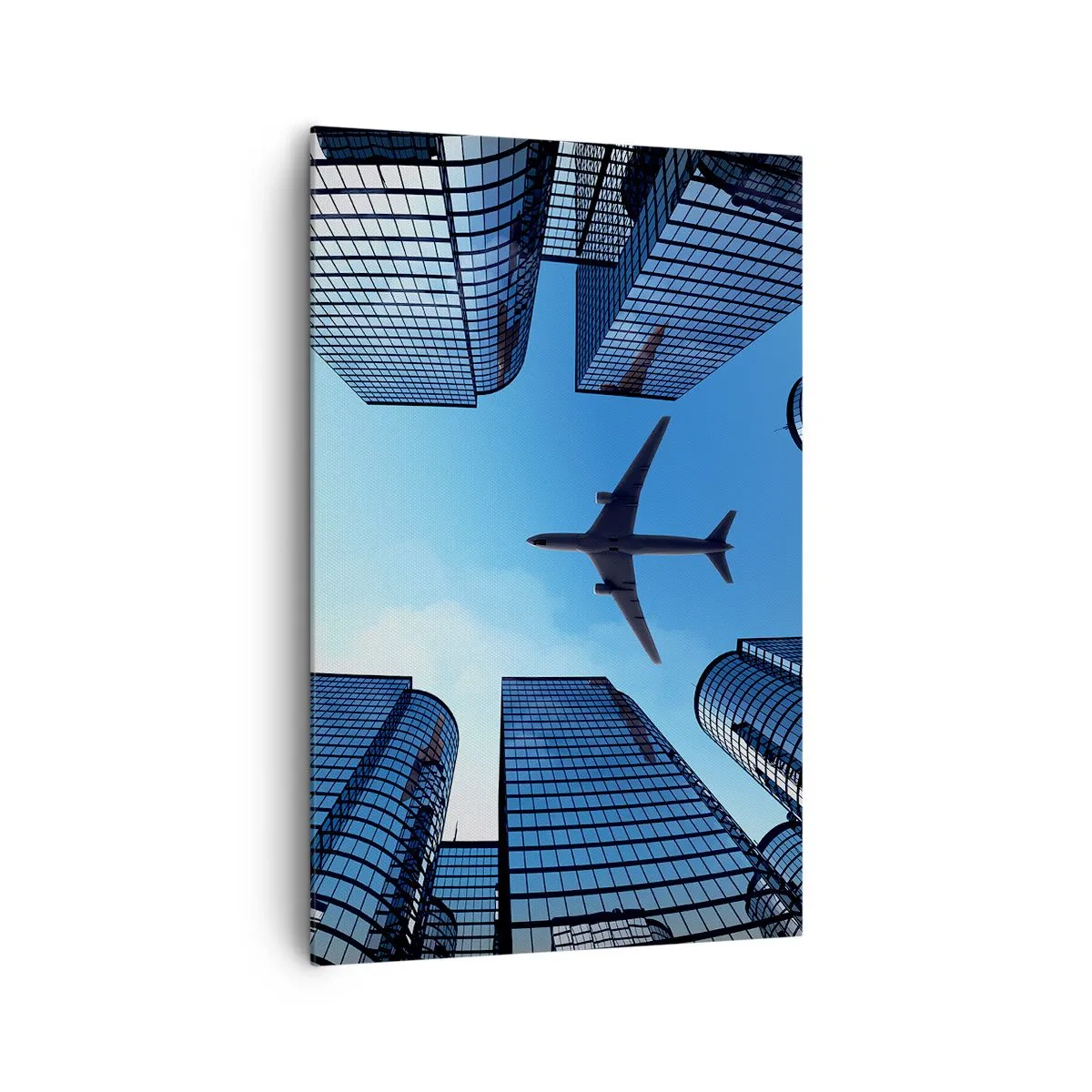Impression sur toile - Image sur toile - Un avion survolant des gratte-ciels modernes dans le centre-ville. - 80x120cm - La vue depuis le ravin de verre - Décoration murale moderne pour le salon et la chambre ARTTOR
