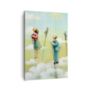 Impression sur toile - Image sur toile - Personnages grimpant sur des échelles parmi des nuages sur un fond pastel. - 70x100cm - Derrière ton rêve - Décoration murale moderne pour le salon et la chambre ARTTOR