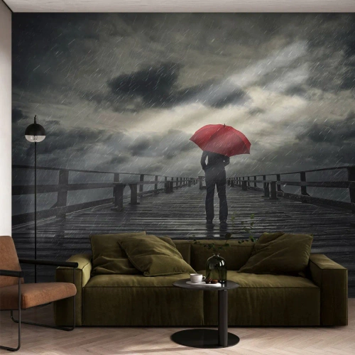 Papier Peint Photo Premium Canvas - Peu importe qu'il pleuve - Jetée en bois, Mer, Marcher sous la pluie - 200x140 cm