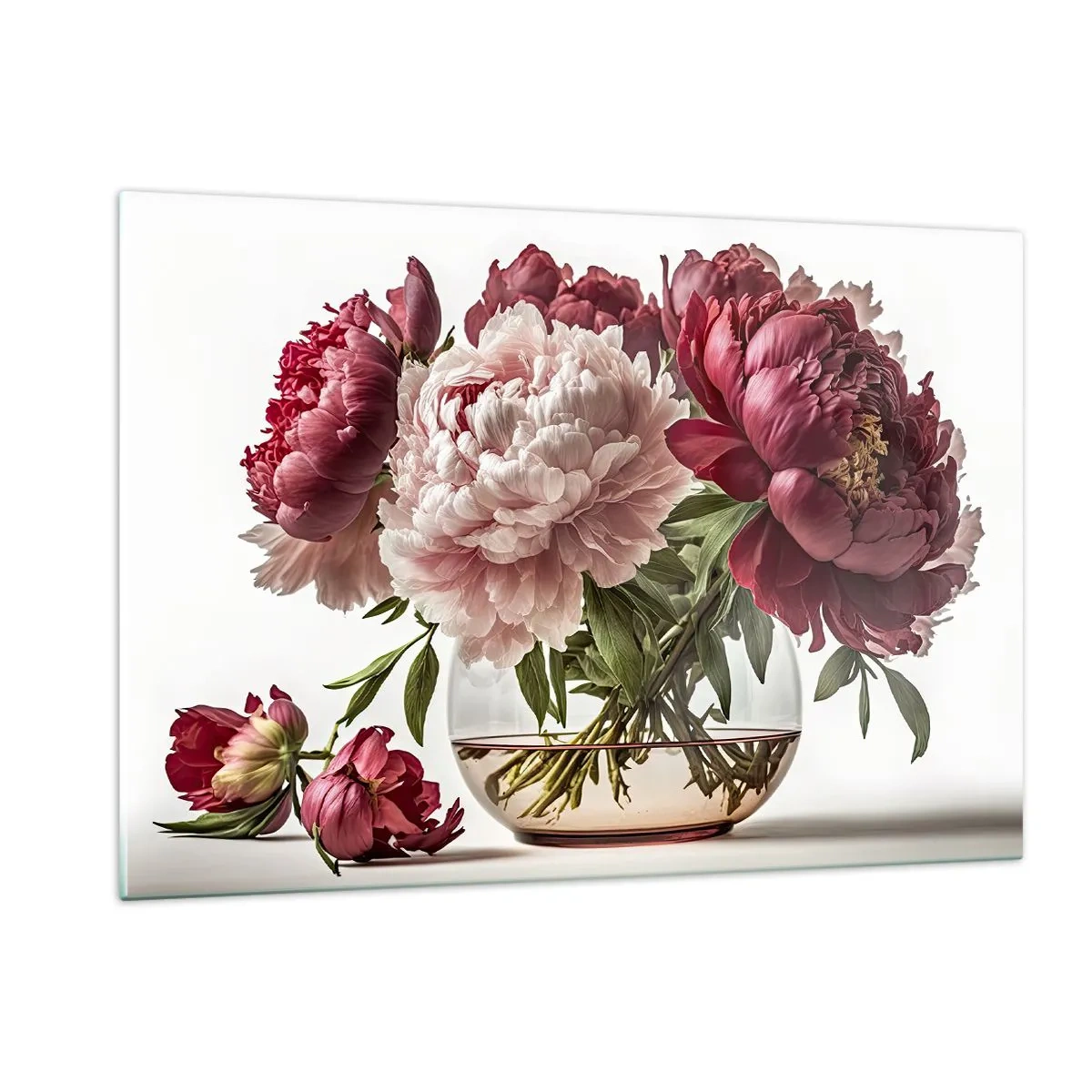 Impression sur verre - Image sur verre - Un bouquet de pivoines dans un vase en verre sur fond clair - 120x80cm - En pleine floraison de beauté - Décoration murale moderne pour le salon et la chambre ARTTOR