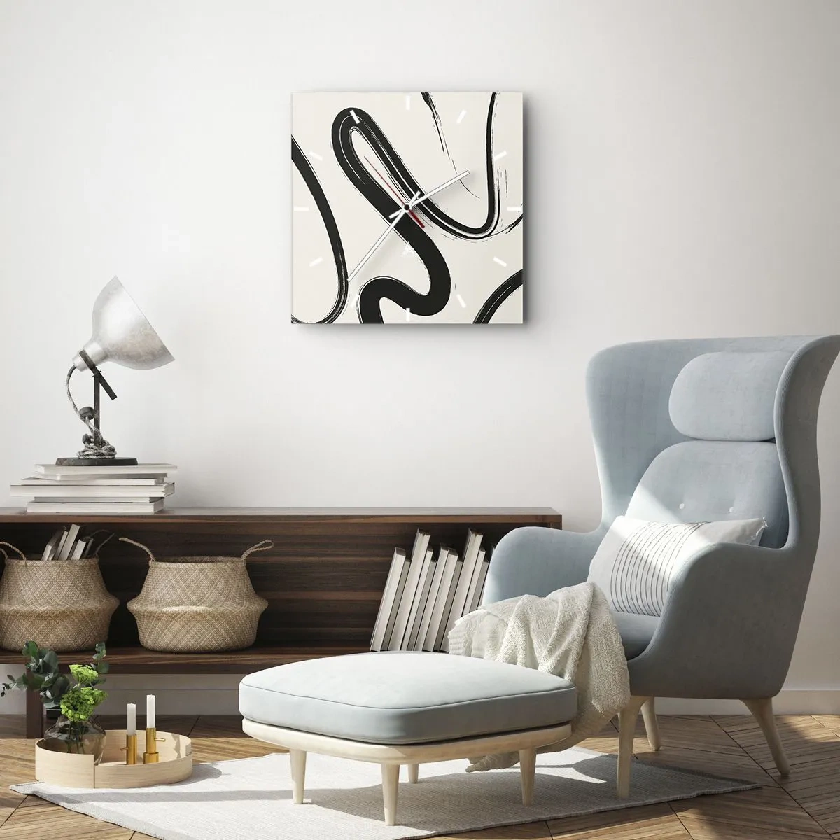 Horloge murale - Pendule murale - Lignes courbes noires et blanches sur fond clair - 30x30cm - Fantaisie en noir et blanc - Décoration murale moderne pour le salon et la chambre ARTTOR