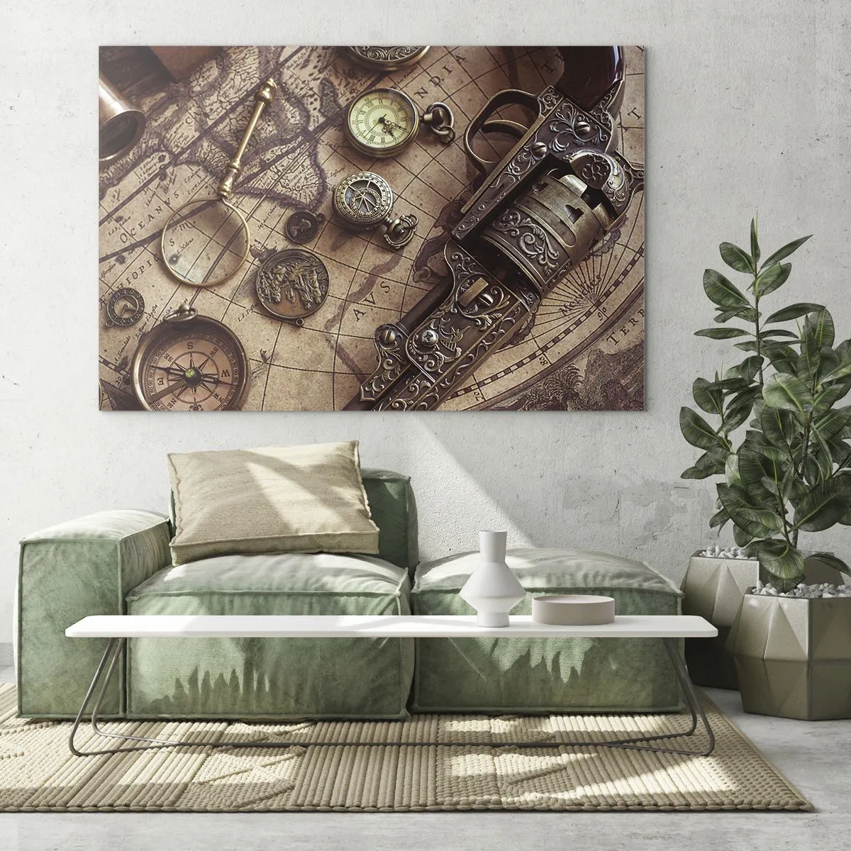 Impression sur verre - Image sur verre - Des objets anciens et une carte - 100x70cm - L'aventure appelle - Décoration murale moderne pour le salon et la chambre ARTTOR