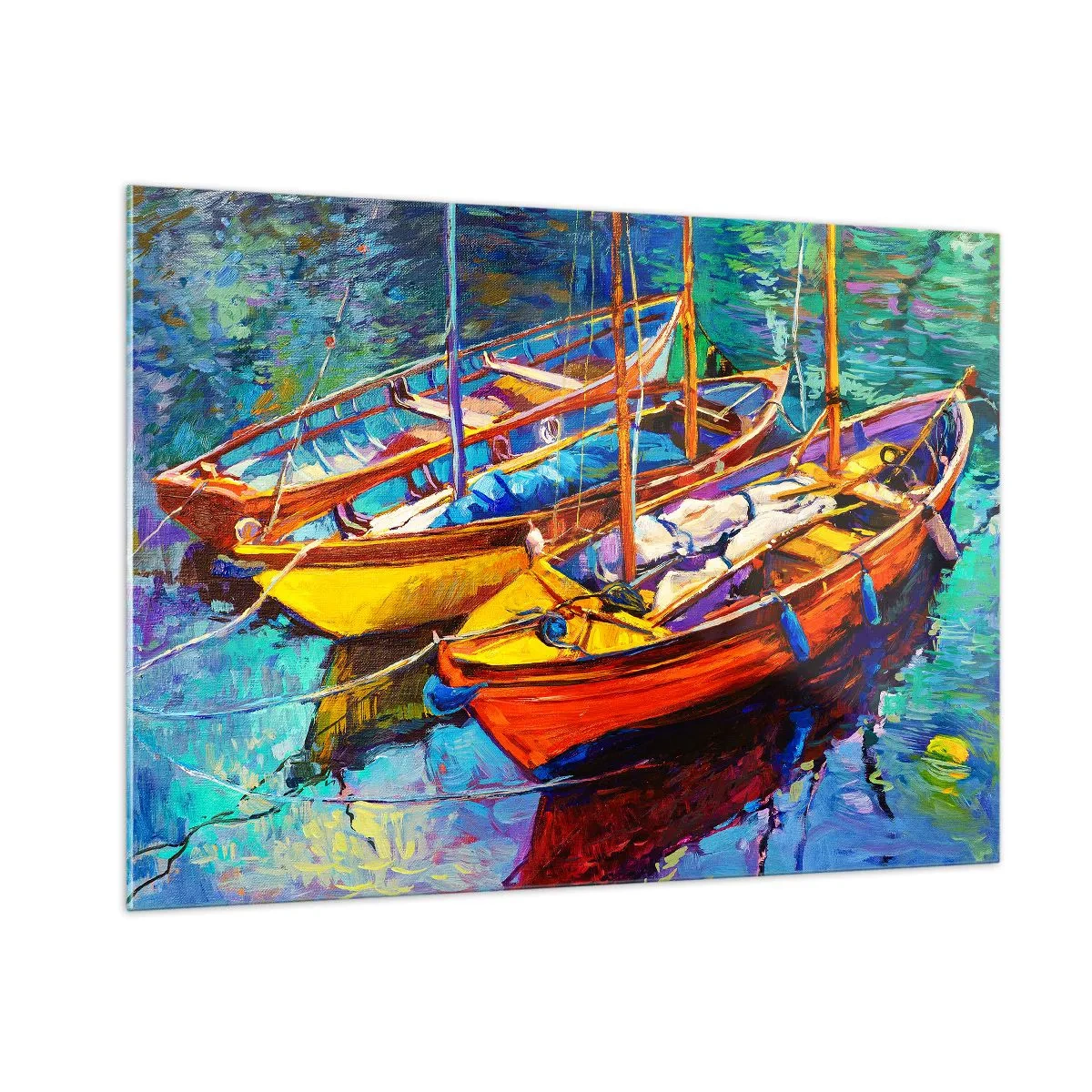 Impression sur verre - Image sur verre - Bateaux colorés sur une eau calme - 100x70cm - Sur l'eau épaisse de couleurs - Décoration murale moderne pour le salon et la chambre ARTTOR