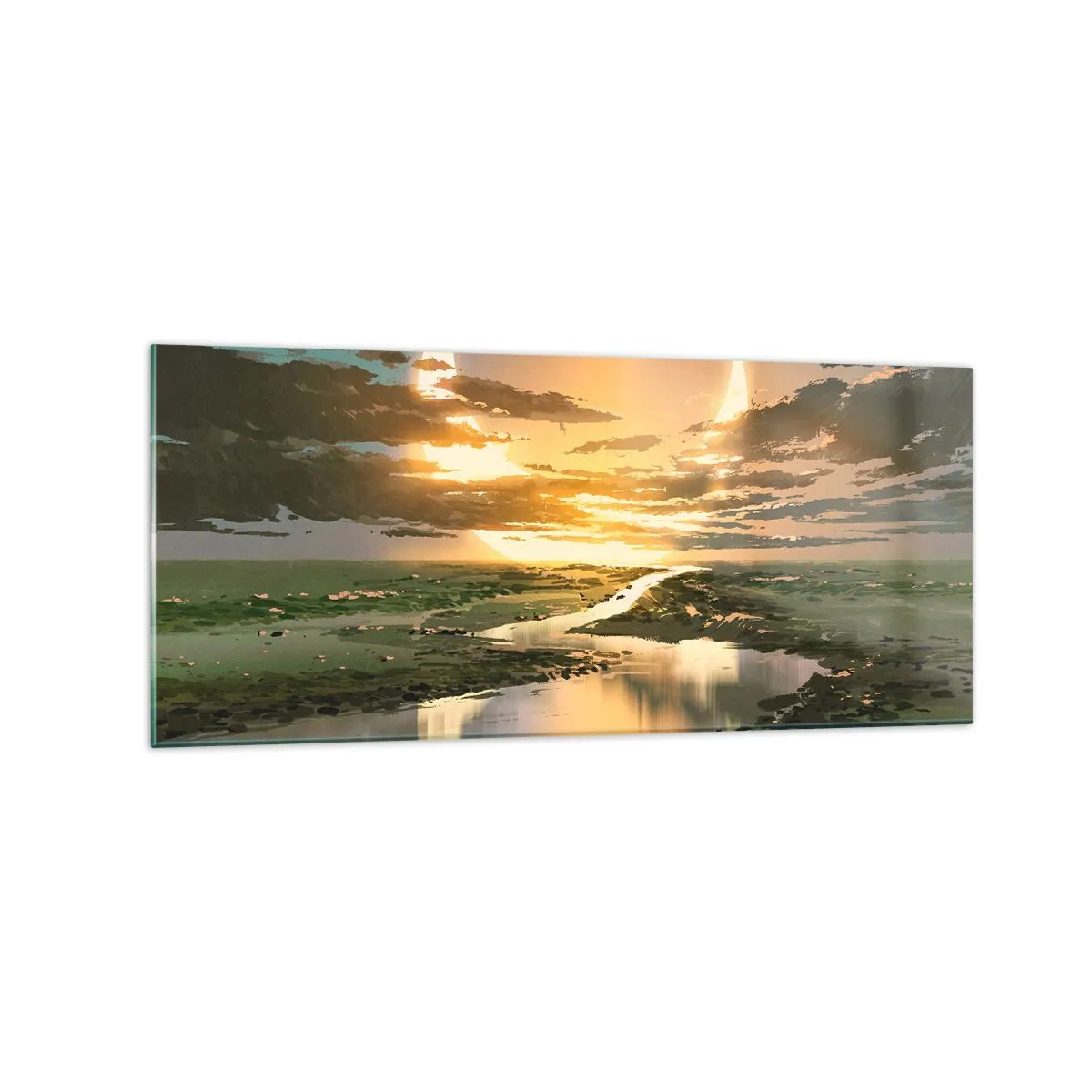 Impression sur verre - Image sur verre - Un paysage fantastique avec deux lunes à l'horizon - 120x50cm - Quelque part dans une galaxie lointaine, très lointaine - Décoration murale moderne pour le salon et la chambre ARTTOR