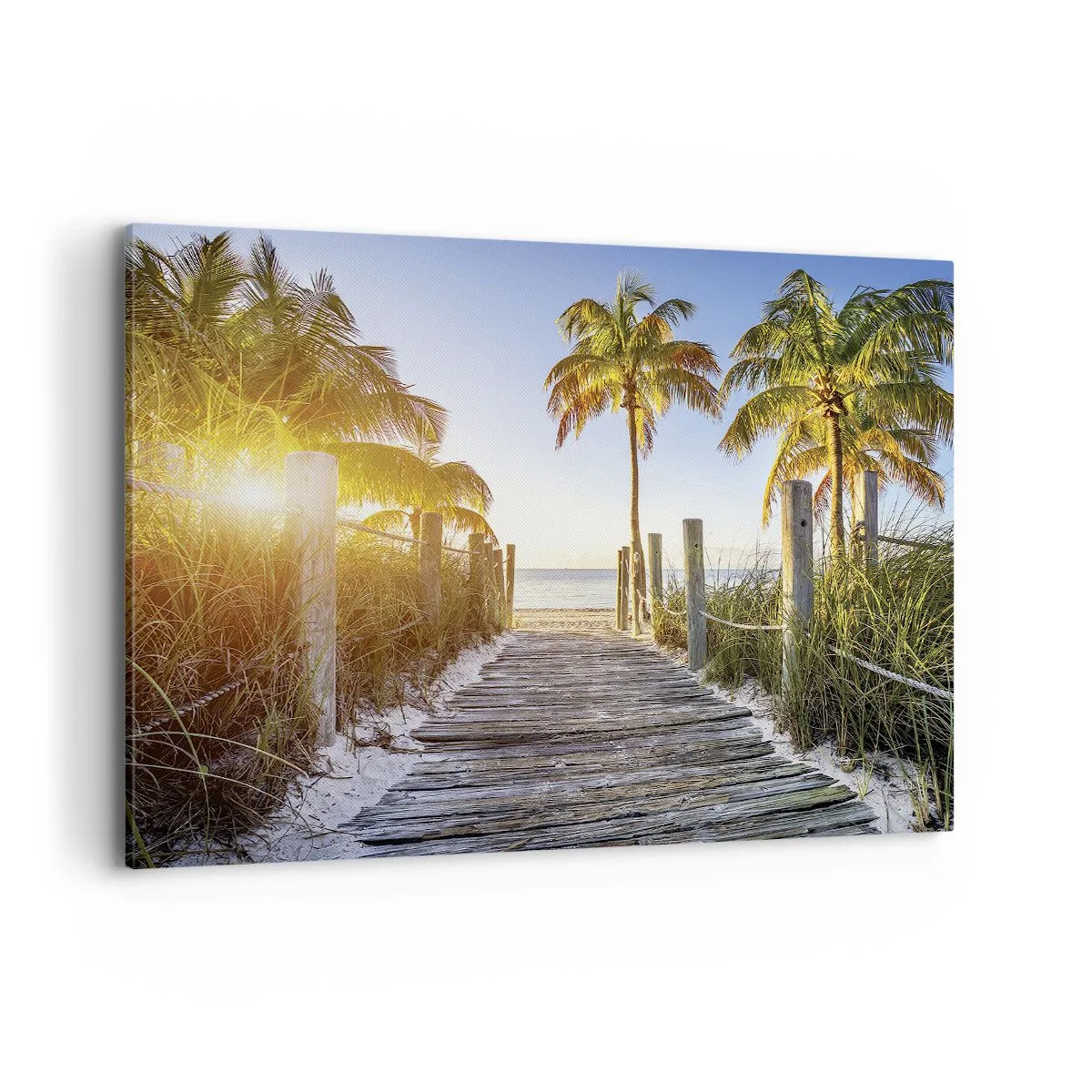 Impression sur toile - Image sur toile - Chemin en bois sur la plage avec des palmiers en arrière-plan - 120x80cm - Directement au paradis - Décoration murale moderne pour le salon et la chambre ARTTOR