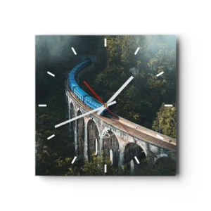 Horloge murale - Pendule murale - Un train bleu sur un viaduc historique au milieu des forêts - 30x30cm - Train nature - Décoration murale moderne pour le salon et la chambre ARTTOR