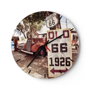 Horloge murale - Pendule murale - Une voiture ancienne devant un panneau de la Route 66 et une plaque en bois. - 30x30cm - La légende de la province américaine - Décoration murale moderne pour le salon, la cuisine et la chambre ARTTOR