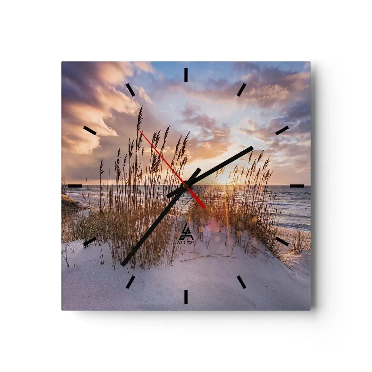 Horloge murale - Pendule murale - Dunes avec des herbes sur fond de soleil couchant - 30x30cm - Salutations du soleil et du vent - Décoration murale moderne pour le salon et la chambre ARTTOR