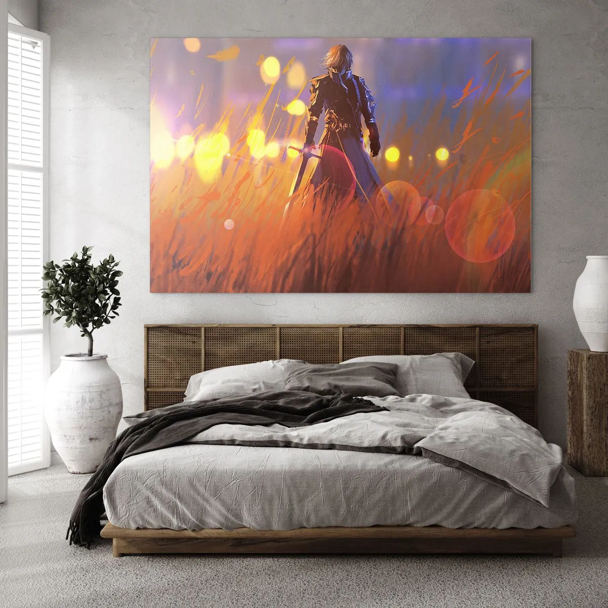 Impression sur verre - Image sur verre - Une silhouette en armure parmi l'herbe orange avec un fond lumineux. - 70x50cm - Chevalier errant - Décoration murale moderne pour le salon et la chambre ARTTOR