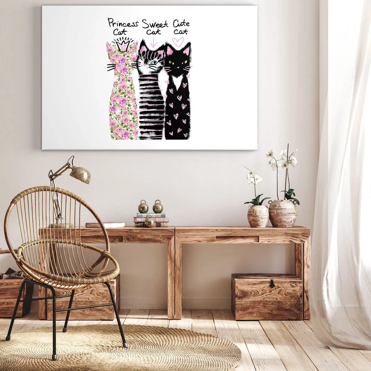 Impression sur toile - Image sur toile - Trois chats aux motifs artistiques variés - 70x50cm - Il y avait trois chats - Décoration murale moderne pour le salon et la chambre ARTTOR
