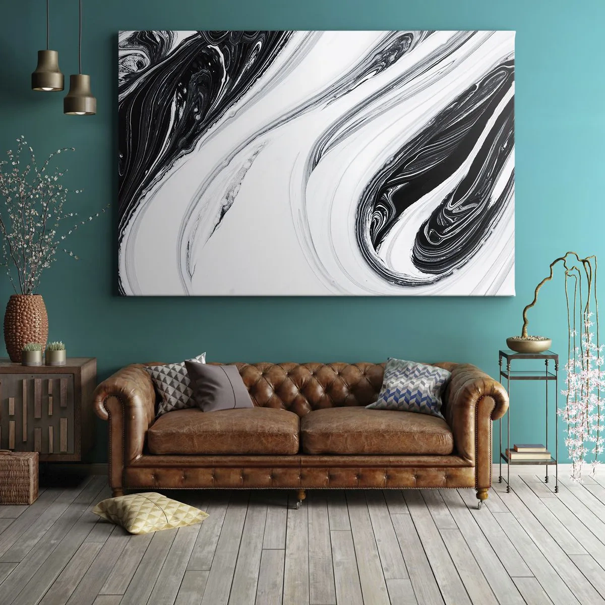 Impression sur toile - Image sur toile - Abstraction en noir et blanc avec des lignes et des tourbillons dynamiques - 120x80cm - Une combinaison d'opposés - Décoration murale moderne pour le salon et la chambre ARTTOR
