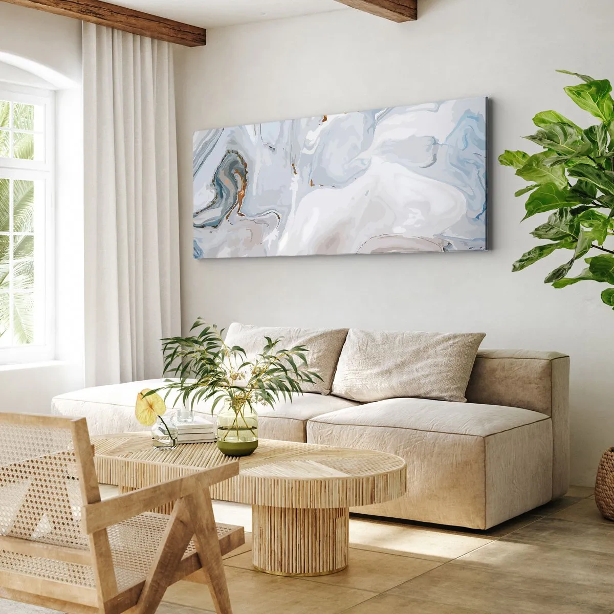 Impression sur toile - Image sur toile - Vagues abstraites dans des tons de bleu et de blanc - 120x50cm - Blanc surélevé - Décoration murale moderne pour le salon et la chambre ARTTOR