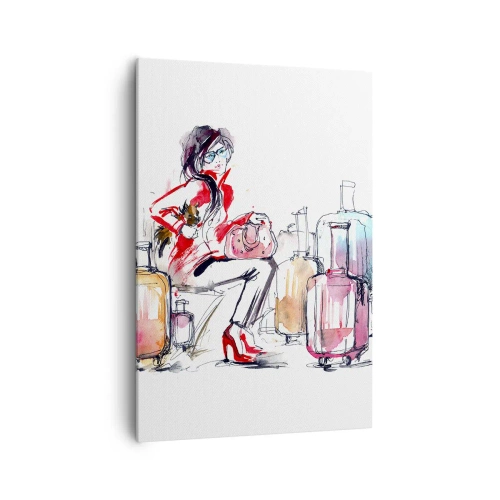 Impression sur toile - Image sur toile - Une femme avec des valises dans une illustration aquarelle dynamique - 70x100cm - Asseyons-nous avant le voyage - Décoration murale moderne pour le salon et la chambre ARTTOR