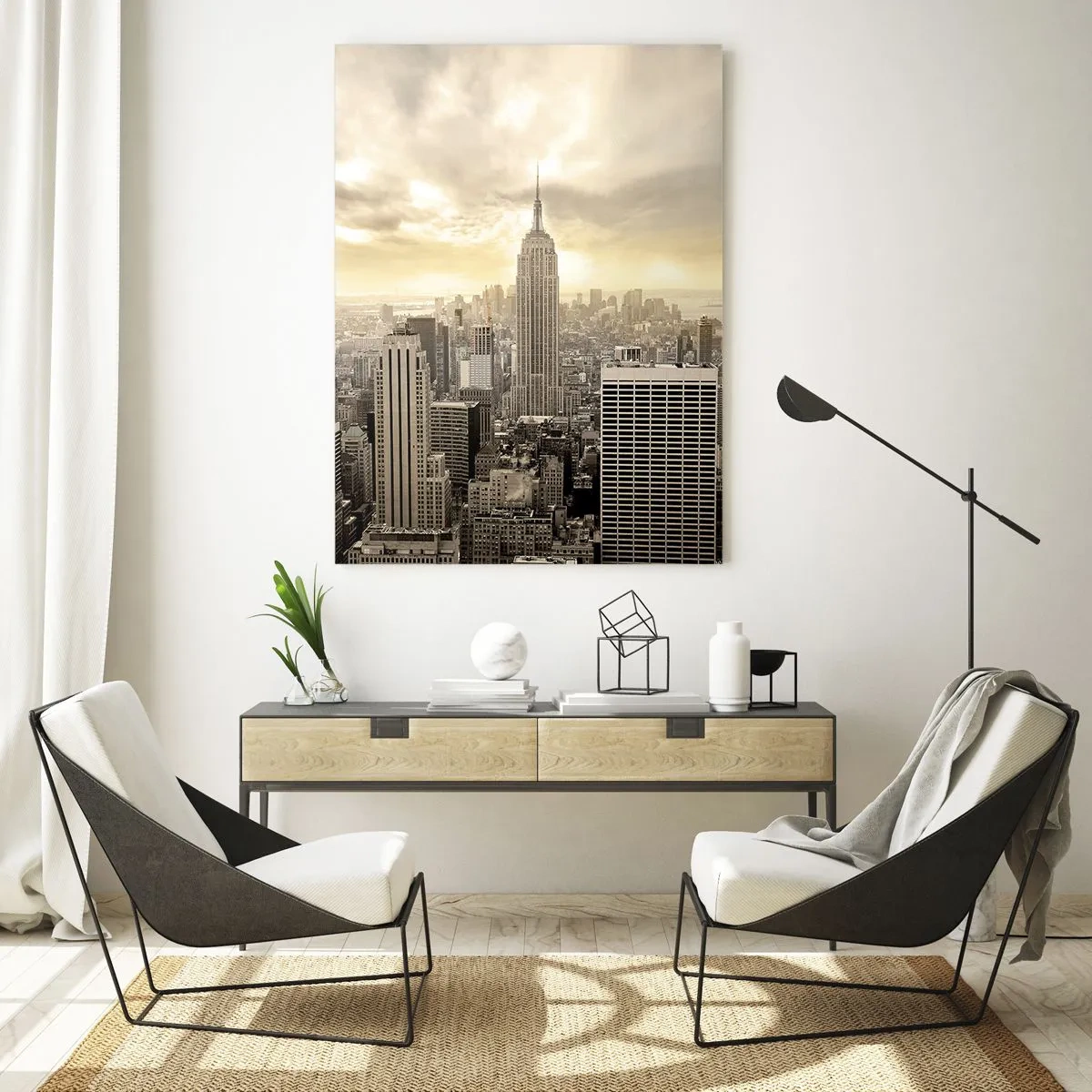 Impression sur verre - Image sur verre - Panorama de la ville avec vue sur l'Empire State Building - 70x100cm - New York tissé de gris - Décoration murale moderne pour le salon et la chambre ARTTOR