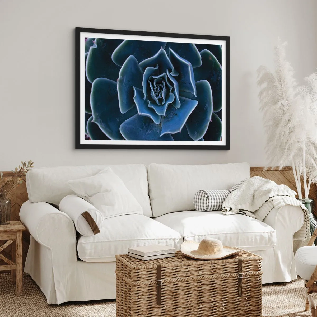 Affiche dans un cadre noir - Poster - Gros plan d'une rosette succulente verte - 100x70cm - Fleur du désert - Décoration murale moderne pour le salon et la chambre ARTTOR