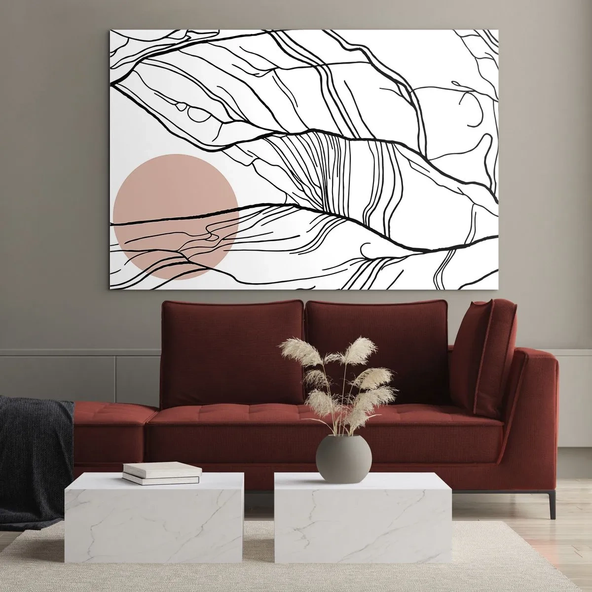 Impression sur verre - Image sur verre - Lignes ombragées de branches avec un soleil beige - 70x50cm - Dans un réseau de brindilles - Décoration murale moderne pour le salon et la chambre ARTTOR