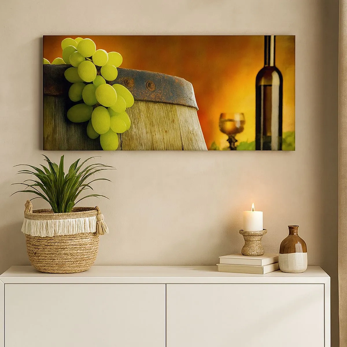 Impression sur toile - Image sur toile - Nature morte avec une bouteille de vin et une grappe de raisin - 100x40 cm