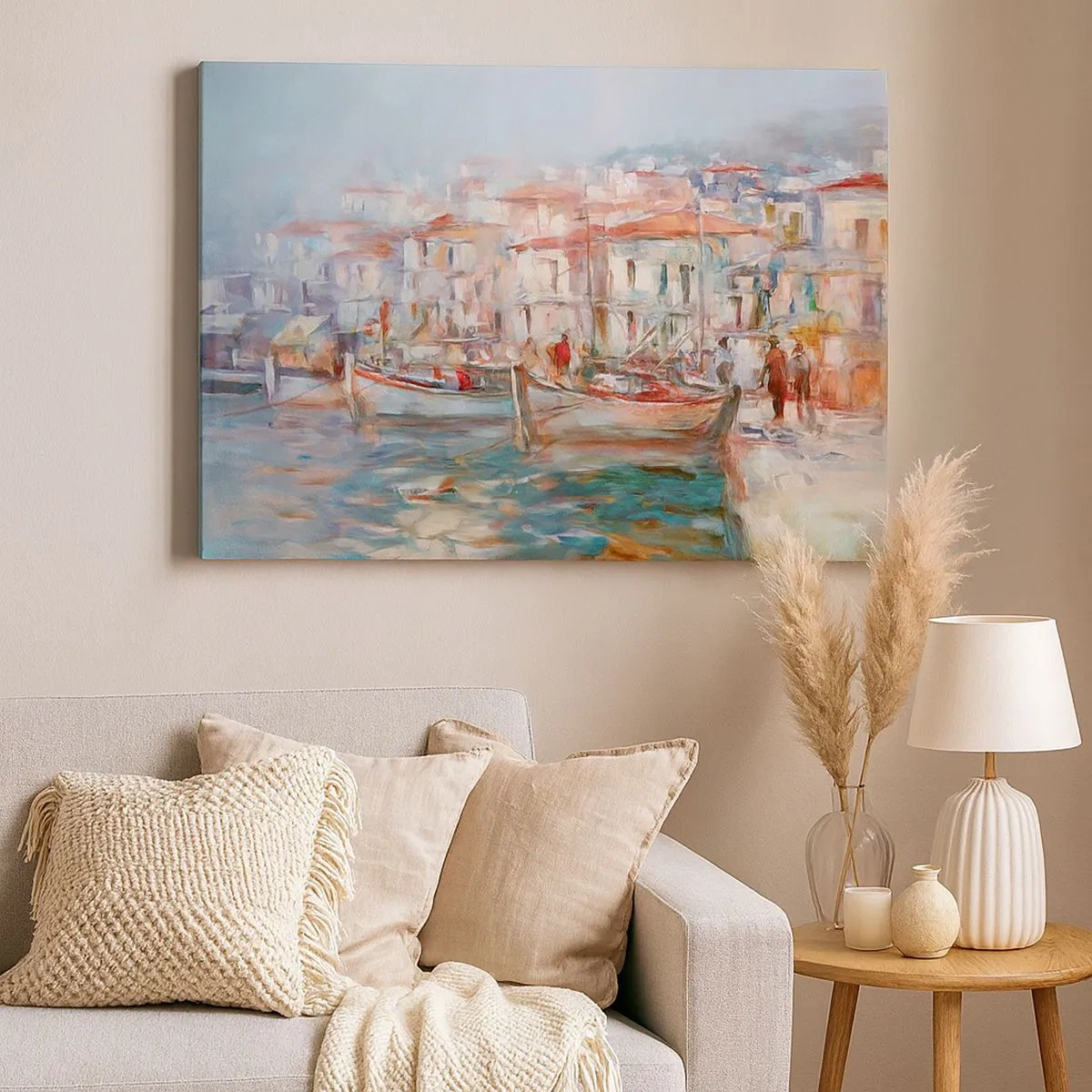 Impression sur toile - Image sur toile - Impression de port avec bateaux et bâtiments - 70x50cm - Vacances pastelles - Décoration murale moderne pour le salon et la chambre ARTTOR