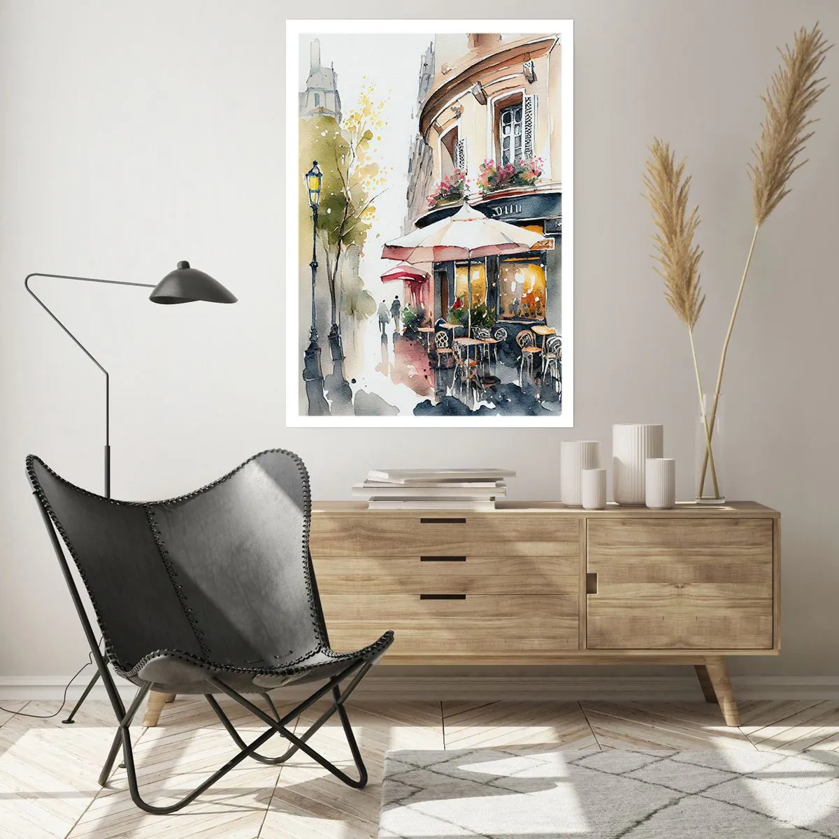 Affiche - Poster - Un café dans une rue pittoresque de style européen - 50x70cm - Matinée parisienne - Décoration murale moderne pour le salon et la chambre ARTTOR