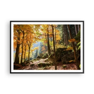 Affiche dans un cadre noir - Poster - Une forêt d'automne pleine de feuilles dorées et de soleil - 100x70cm - Il est temps de se détendre - Décoration murale moderne pour le salon et la chambre ARTTOR