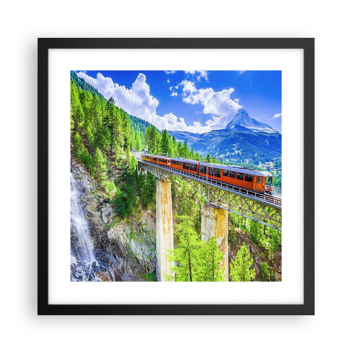 Affiche dans un cadre noir - Poster - Train dans les Alpes - 40x40 cm