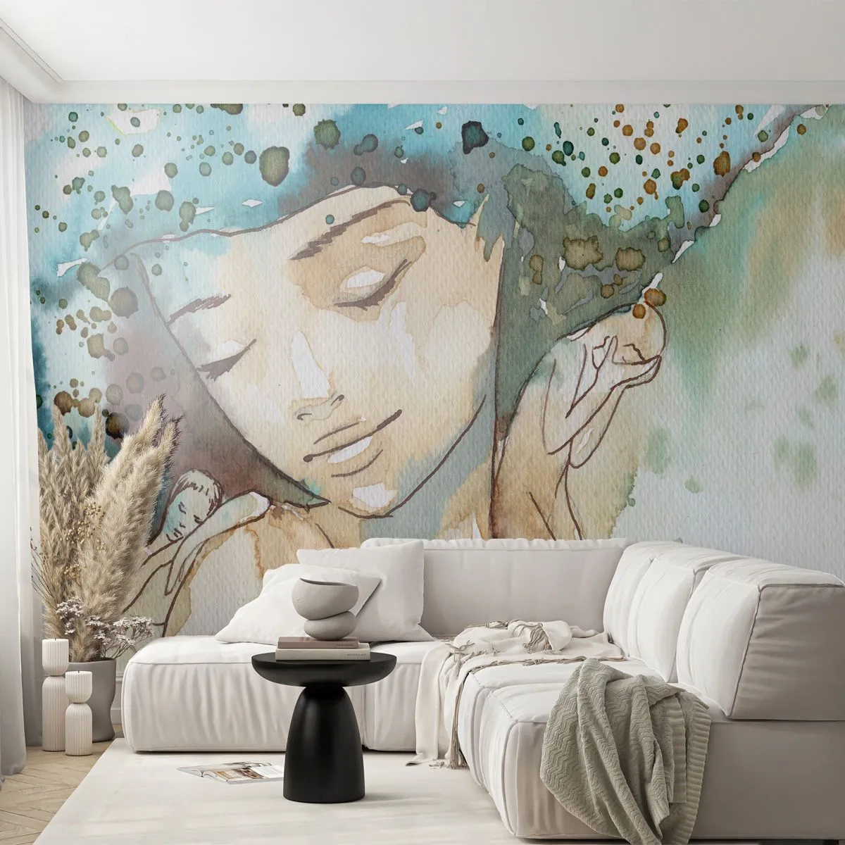 Papier Peint Photo Premium Sand - Illustration à l'aquarelle d'une femme dans des tons turquoise - 100x70cm - Lady in blue - Décoration murale moderne pour le salon et la chambre ARTTOR