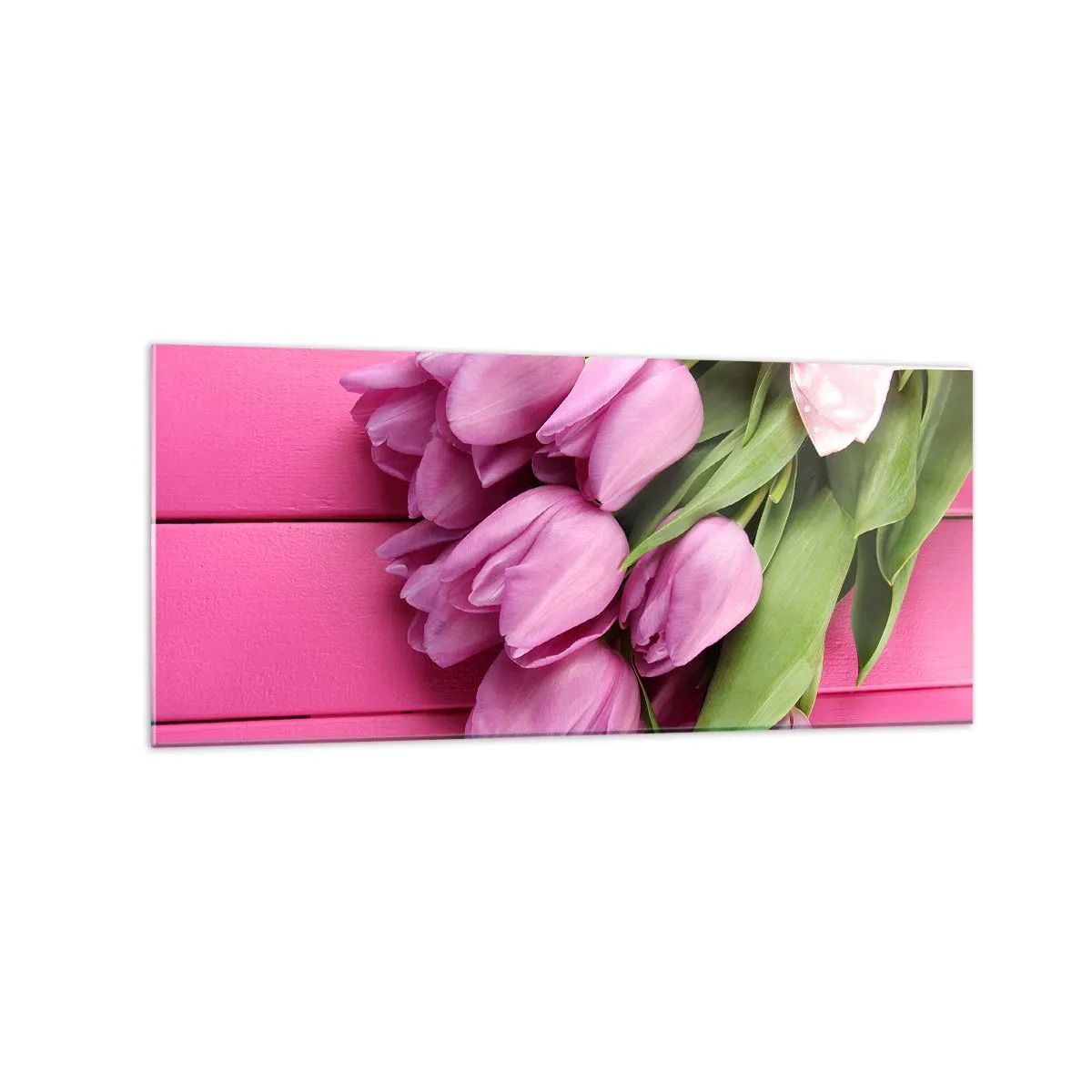 Impression sur verre - Image sur verre - Un bouquet de tulipes roses avec un nœud sur un fond rose - 120x50cm - Juste pour toi - Décoration murale moderne pour le salon et la chambre ARTTOR