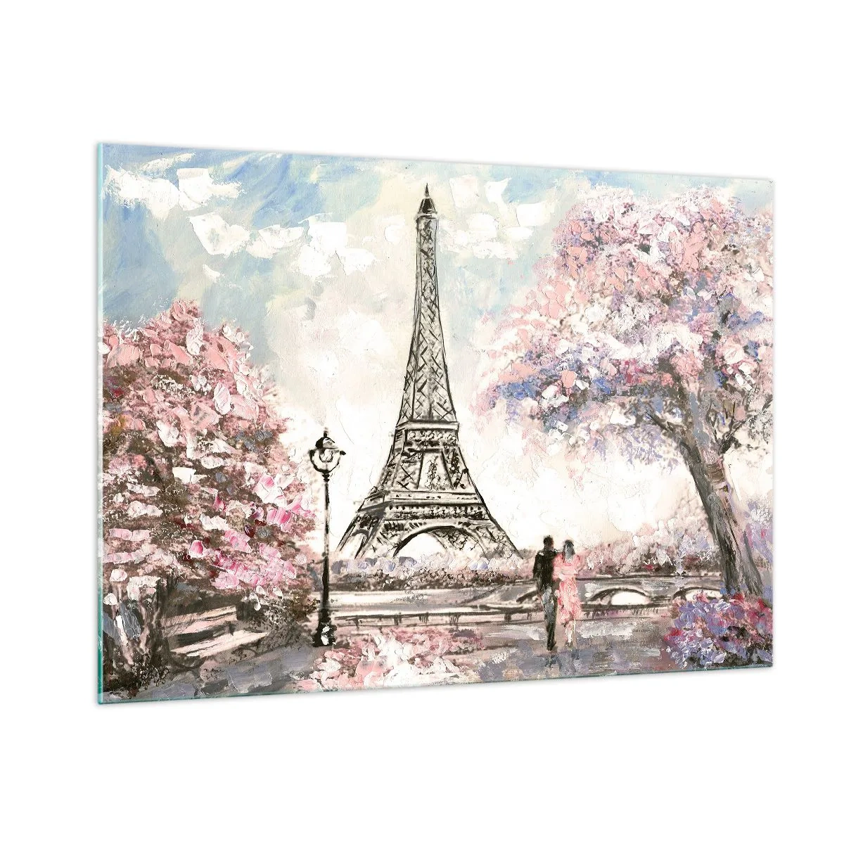 Impression sur verre - Image sur verre - Illustration de la Tour Eiffel dans un décor printanier - 100x70cm - Balade d'avril à Paris - Décoration murale moderne pour le salon et la chambre ARTTOR